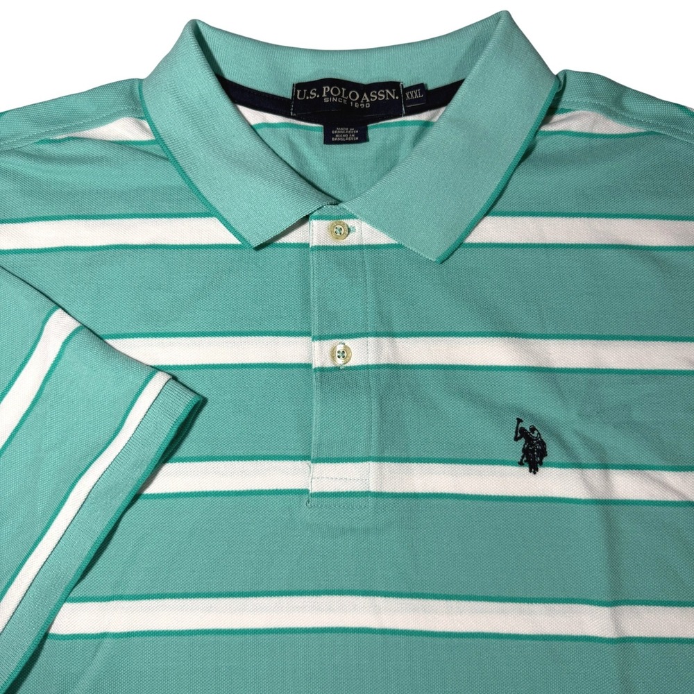 US Polo Assn Mens Striped Polo Shirt Green White Short‎ Sleeve Logo Size XXXL